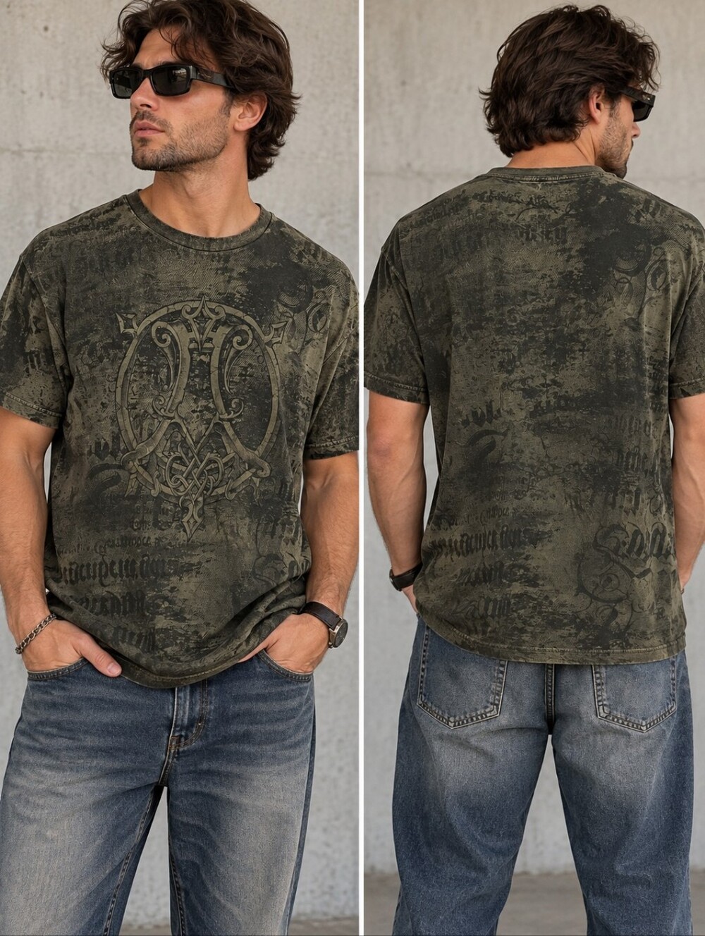 Y2K Affliction Celtic Knot Design Cotton Tee Sz XL Green Distressed Grunge Goth